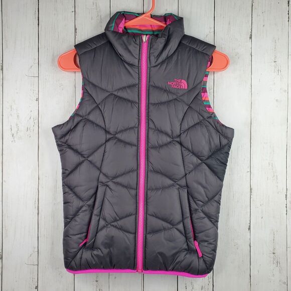 North Face Youth Girls Reversible Puffer Vest Size M (10-12) Gray Pink Striped
